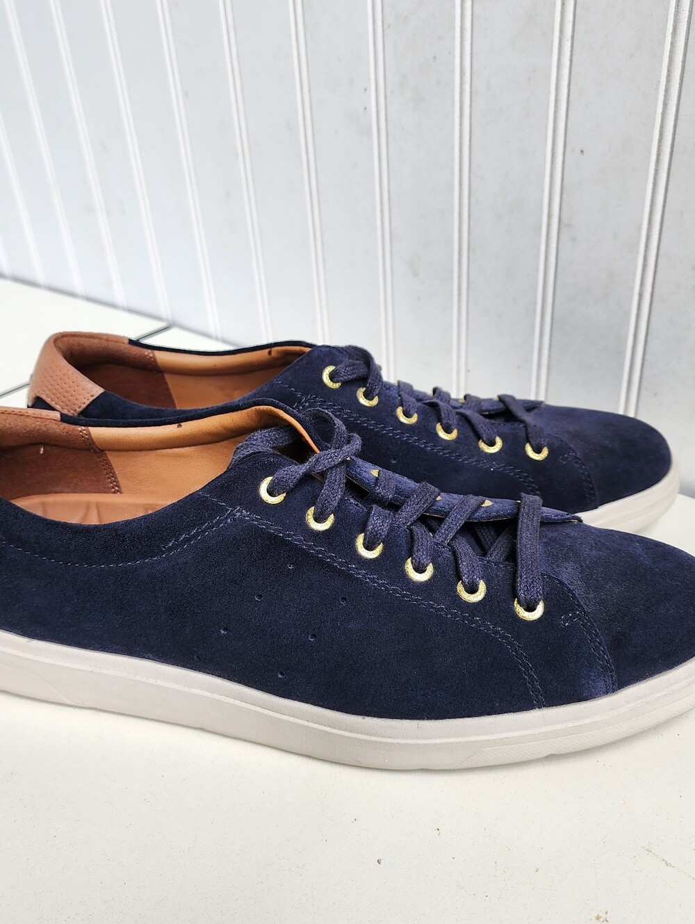 Rockport Truetech Navy Blue Tan Suede Leather Lace Up Sneakers Mens Sz 10.5